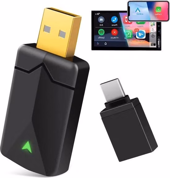 Adattatore 2-in-1 Wireless per CarPlay e Android Auto, Connettività Bluetooth USB-C e USB-A, Plug & Play, Nero