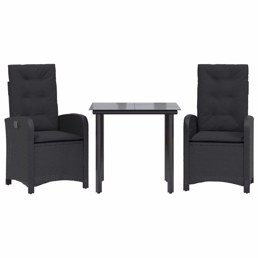 Set da Pranzo da Giardino 3 pz con Cuscini Nero in Polyrattan