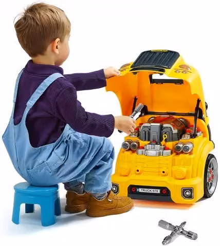 VEVOR Set Giocattolo Officina Meccanico per Bambini con Motore, 60 Pezzi, Giallo