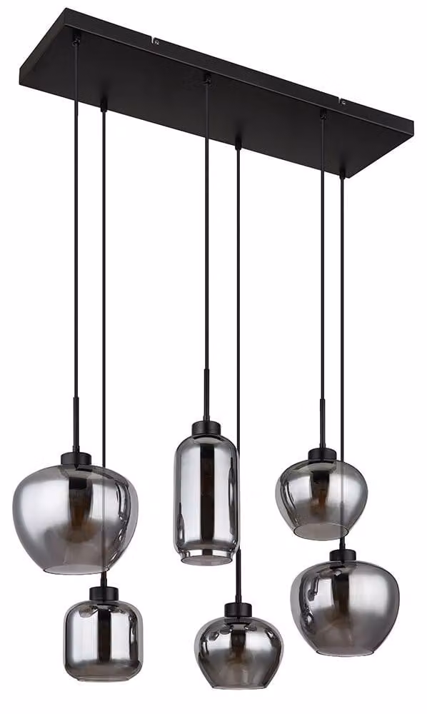 Lampada a sospensione, metallo, nero opaco, vetro color fumo, 6 lampadine