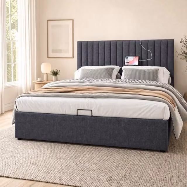 Letto matrimoniale 140x200 cm grigio in lino, LED e ricarica USB, senza materasso