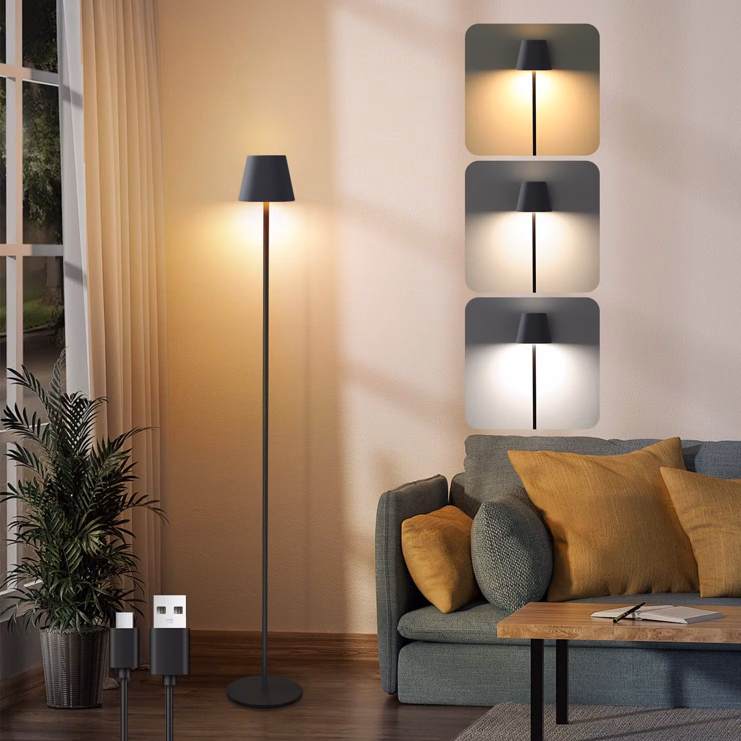 ZMH lampada da terra soggiorno LED dimmerabile lampada da terra nera lampada da terra moderna lampada da terra ricaricabile USB con 3 temperature di colore per camera da letto studio e ufficio 125 cm