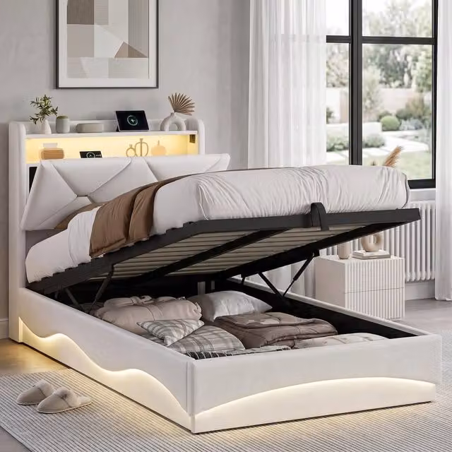 Letto singolo 90x200 cm con contenitore LED USB Type-C testiera rete a doghe tessuto - beige