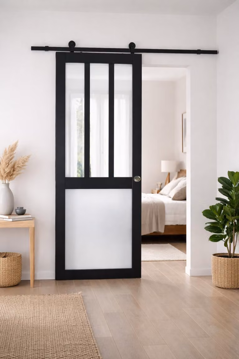 Porta scorrevole da officina nera, bianca con vetro H204 x L73 cm, binario con rotelle, gusci Gd Menuiseries