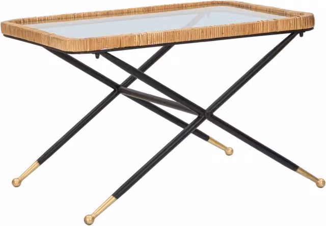 Tavolino basso rettangolare GIORDANOSHOP in metallo e vetro con finitura oro e nero L: 70 cm, P: 50 cm, H: 45 cm