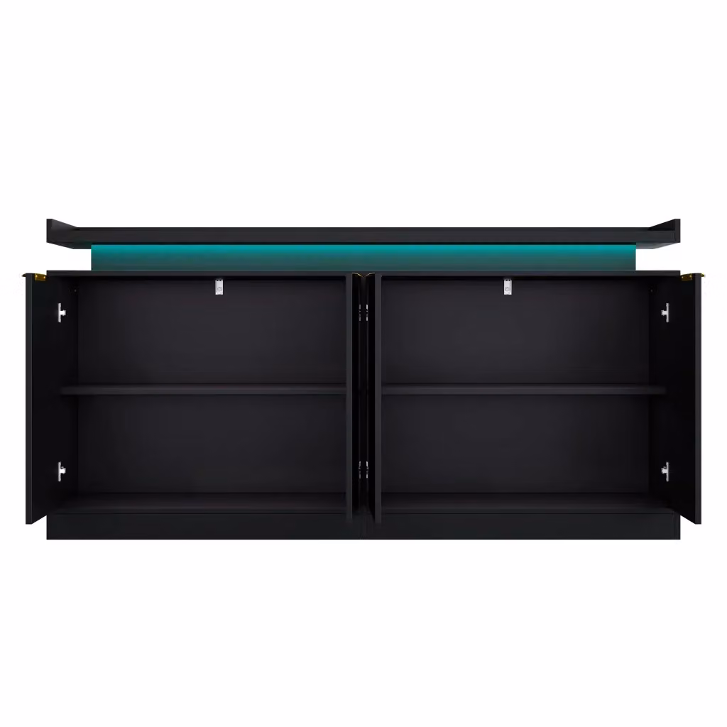 Credenza da cucina MIVRAY moderna in MDF nero con 4 ante, ripiani fissi e illuminazione LED RGB controllabile tramite app, L: 160 cm, P: 39 cm, H: 83 cm – 2