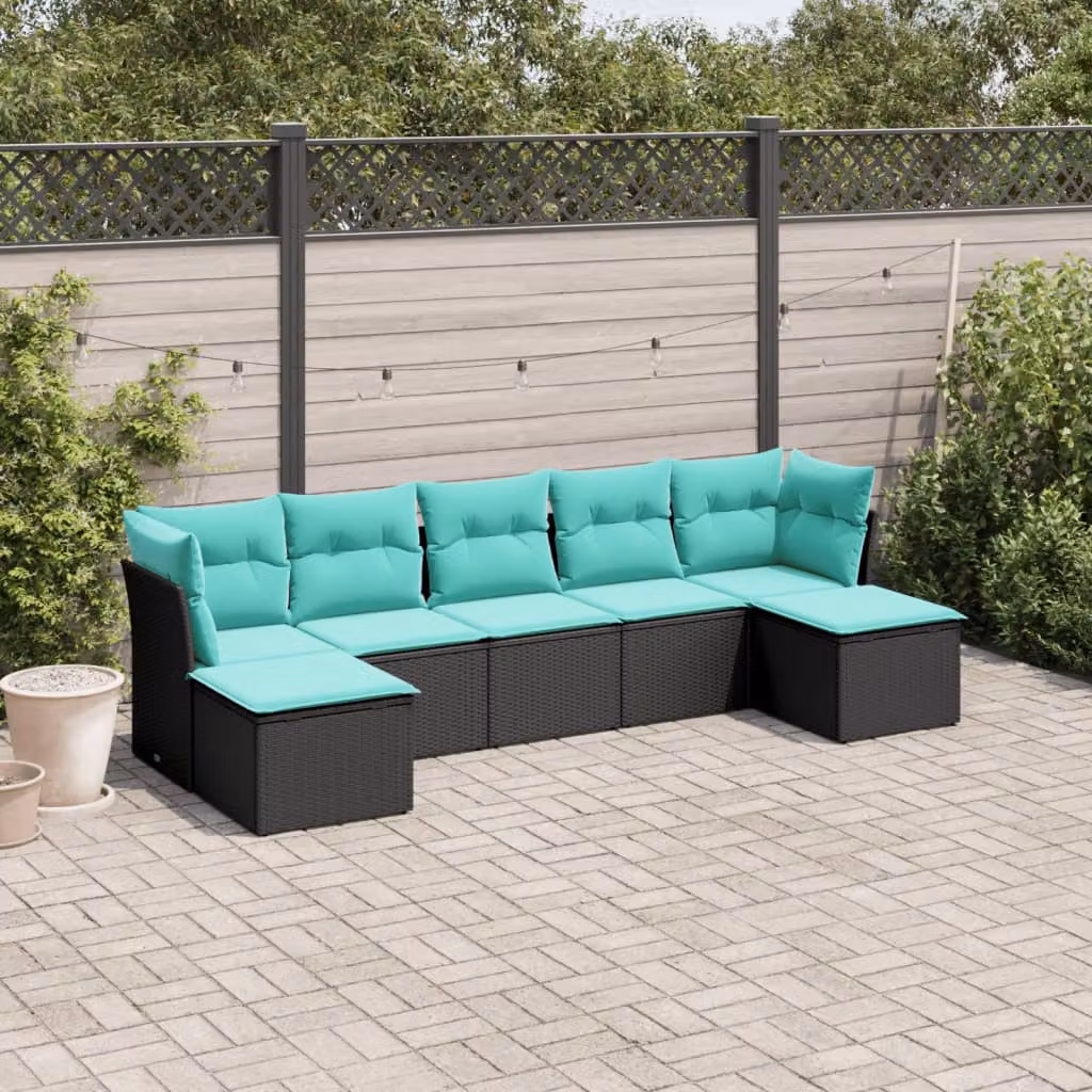 Set Divani da Giardino vidaXL 7 pz in Polyrattan con Cuscini e Ottoman, Design Moderno a L, Colore Nero e Blu con Struttura in Acciaio Verniciato a Polvere