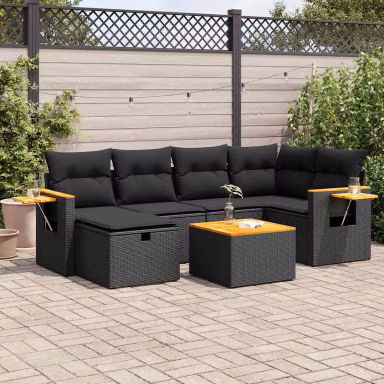 Set di divani da giardino vidaXL in polyrattan nero con 7 cuscini e legno di acacia oliato