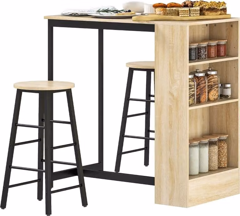 Set da bar con sgabelli, set da bar da 3 pezzi con tavolo da cucina, vano portaoggetti, 2 sgabelli, poggiapiedi, set da pranzo salvaspazio per la cucina, acciaio, rovere