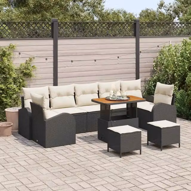 Set Divano da Giardino 10 pz 9-Numero di posti Nero e Crema 3364330