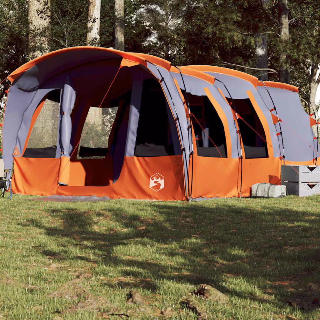 Tenda Familiare a Tunnel vidaXL per 8 Persone, Impermeabile, Grigia e Arancione in Poliestere e Fibra di Vetro