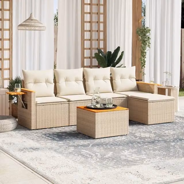 Set Divano da Giardino a L VIDAXL in Polyrattan Beige con Cuscini, 6 Pezzi