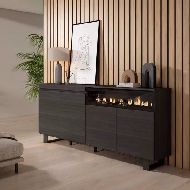 Credenza, Mobile, 200x35x87cm, 4 Porte, Camino elettrico, Design industriale, Nero RF2390