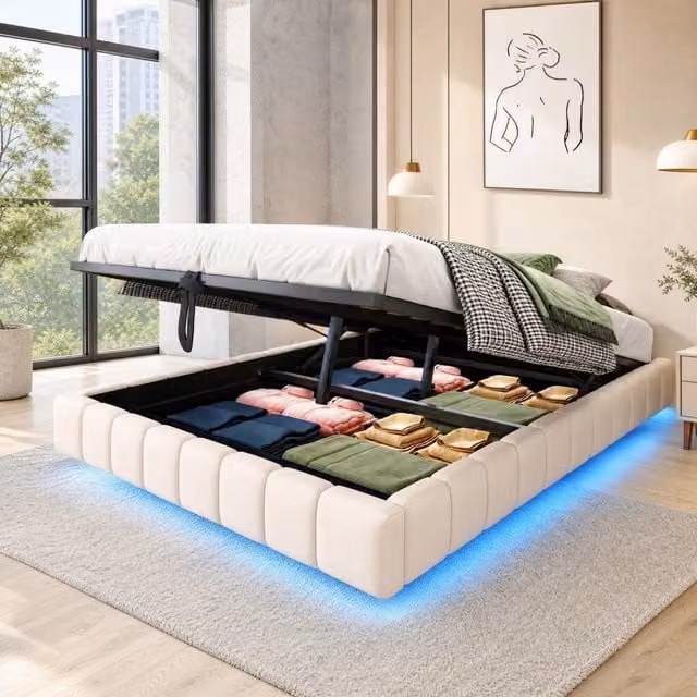 Letto imbottito 140x200 cm con contenitore a gas, cornice sospesa con luce LED integrata, lino beige senza testiera