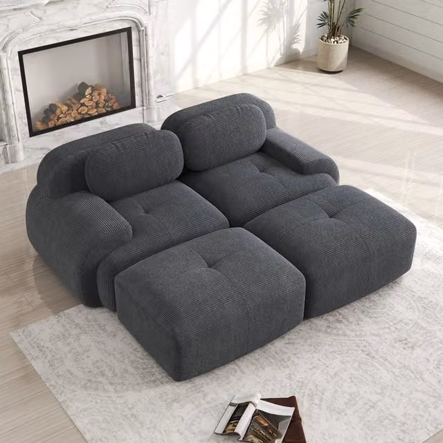 Divano angolare modulare senza telaio in velluto a coste con braccioli ergonomici e base antiscivolo grigio