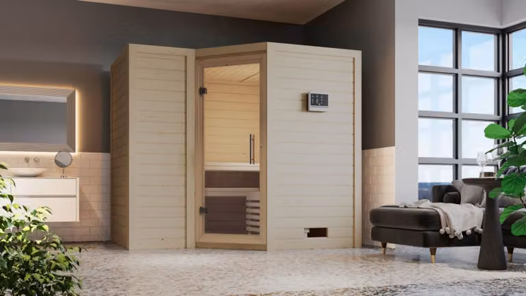 Cabina Karibu sauna interna Sahib Sauna interna 3 panche in legno con finitura naturale Cabina sauna Spessore parete: 40 mm Sauna a infrarossi