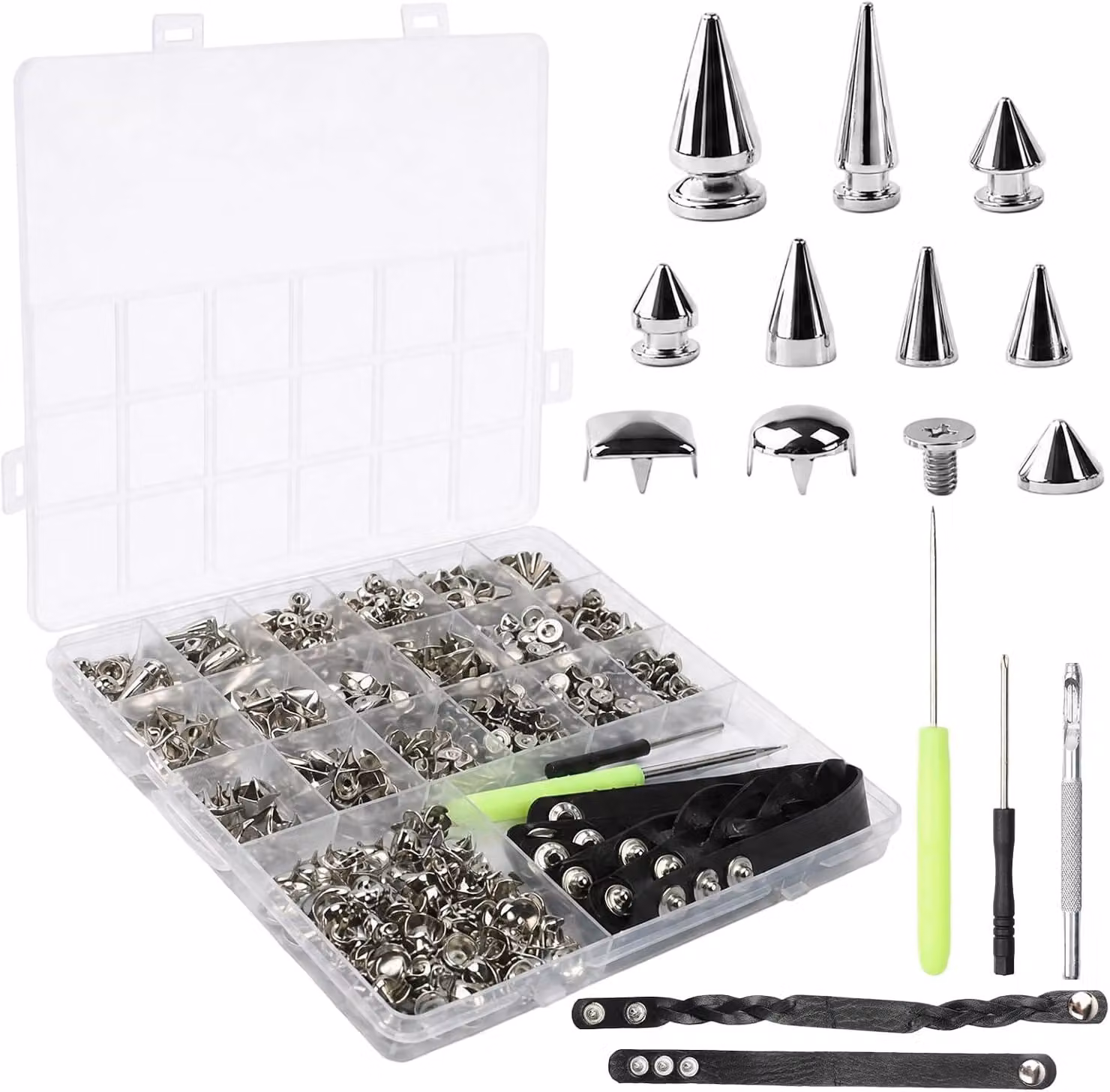 Set di chiodini, composto da 559 pezzi, disponibile in 10 diverse dimensioni, color argento, ideale per la lavorazione del cuoio
