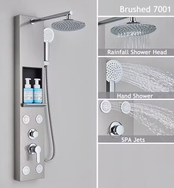 Pannello doccia, pioggia a cascata, display digitale, nichel spazzolato 7001