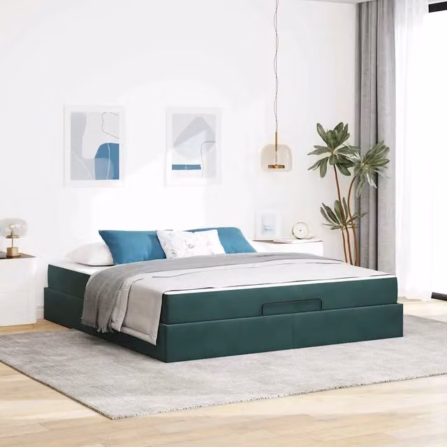 Letto matrimoniale moderno vidaXL in velluto verde con struttura imbottita e 2 materassi in schiuma L: 180 cm, P: 200 cm, H: 203 cm – 1