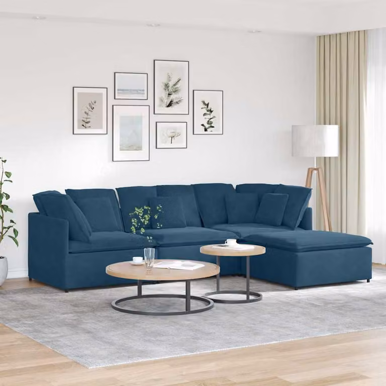 vidaXL Divano Modulare a L in Velluto Blu con Poggiapiedi e Cuscini