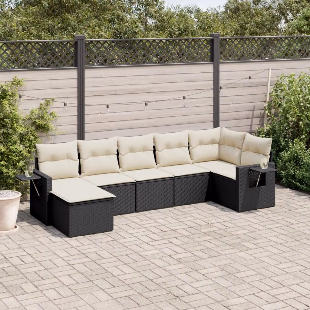 Set Divani da Giardino a L vidaXL in Polyrattan Nero con 7 Cuscini e Tavolino da Esterno – 1