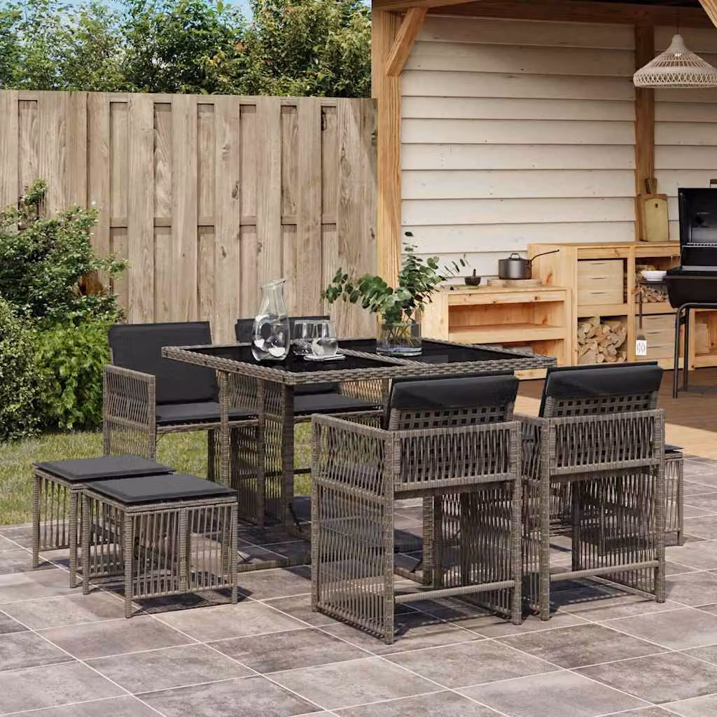 vidaXL Set da Pranzo da Giardino 9 pz in Polyrattan e Vetro Grigio – 1
