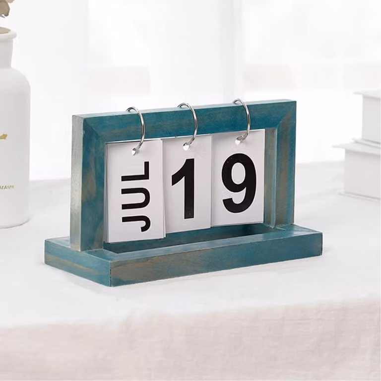 Calendario perpetuo in legno, calendario a fogli scorrevoli, scrivania, 20 x 12 x 9 cm, colore blu
