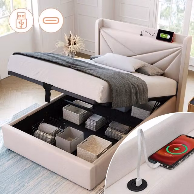 Letto singolo con cassetto e USB-C - Xylo - 90x200 cm - Lino