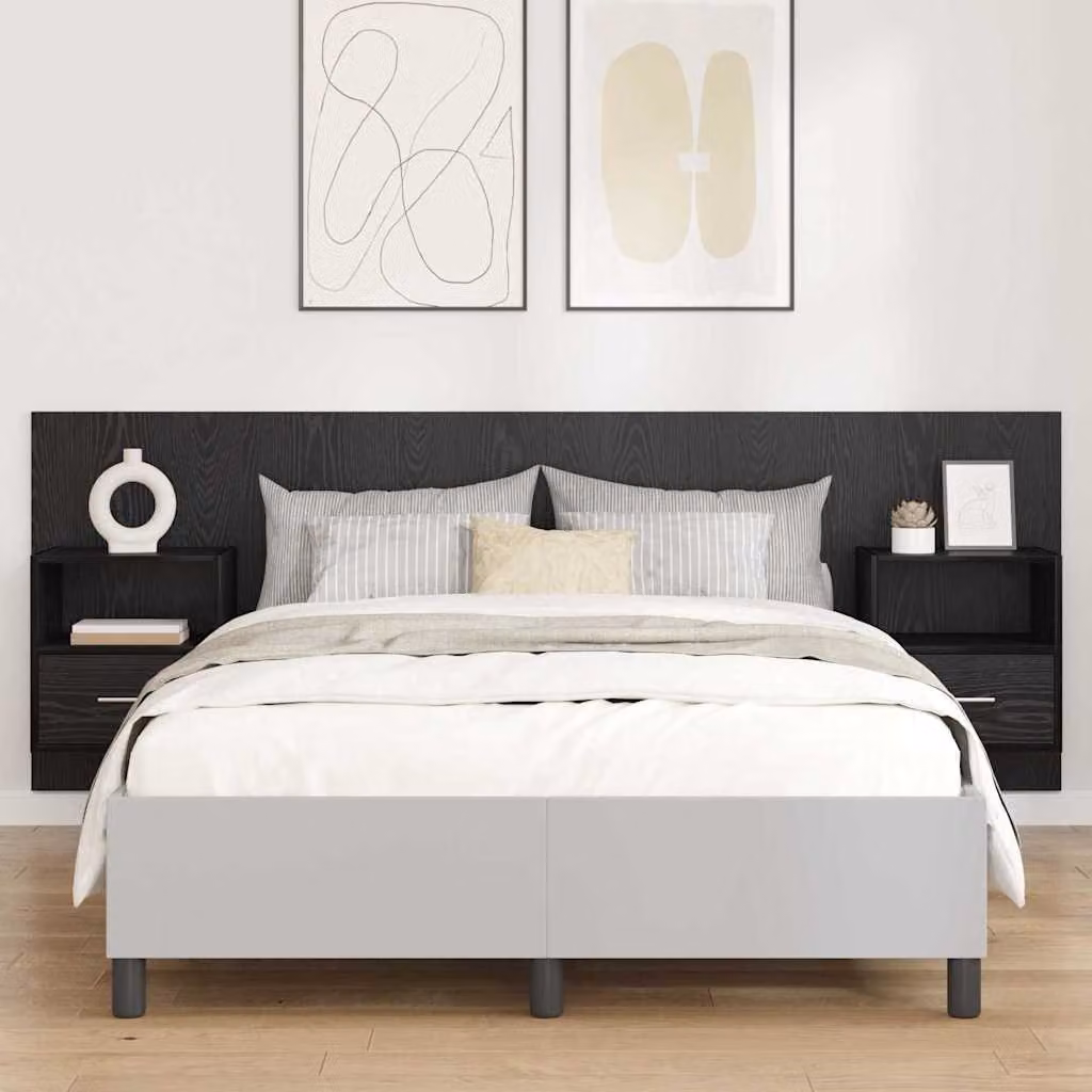 Set di 3 pezzi Testata con Comodini Integrati vidaXL in Legno Ingegnerizzato Nero Opaco L: 217,0 cm, H: 80,0 cm, P: 34,46 cm