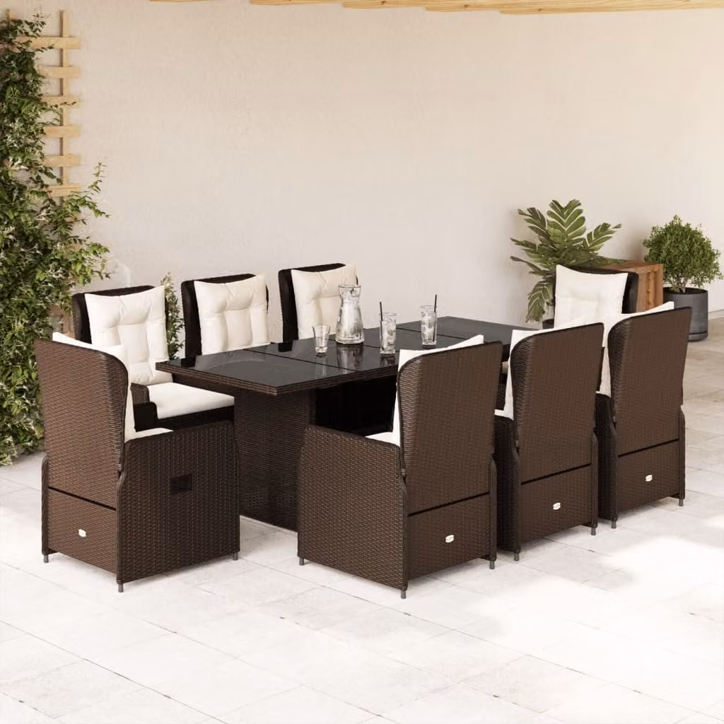 Set da Pranzo da Giardino vidaXL in Polyrattan Marrone con Cuscini Bianchi e Tavolo in Vetro, 9 Pezzi – 1
