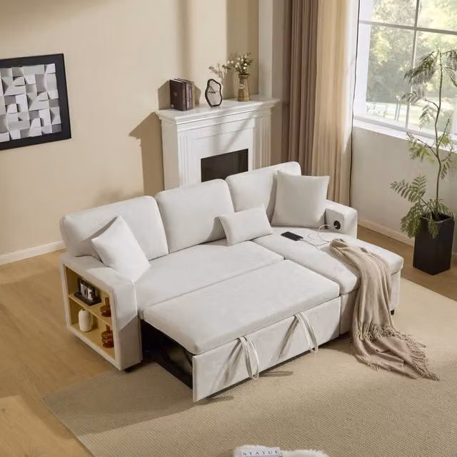 Divano angolare convertibile 4 posti con chaise longue reversibile, USB, vano contenitore e cuscini in flanella beige