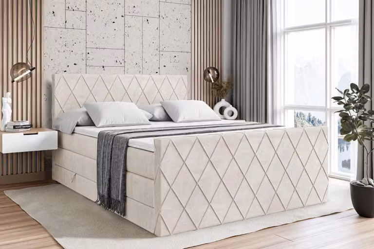 Letto boxspring ALTDECOR con materasso e rete a doghe - LEPARO -Z KING - 200x200 cm - Velluto beige - Coprimaterasso, pediera, letto imbottito con contenitore, letto con vano portaoggetti H3 e H4 - Materasso, letto matrimoniale, letto boxspring