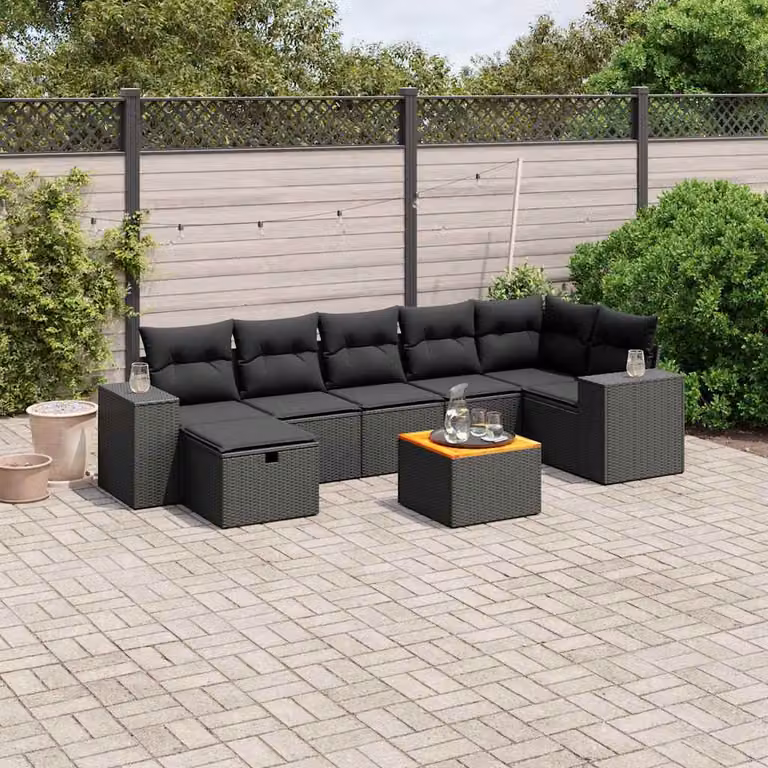 vidaXL Set Divani da Giardino a L con Cuscini 8 pz Nero in Polyrattan e Acciaio