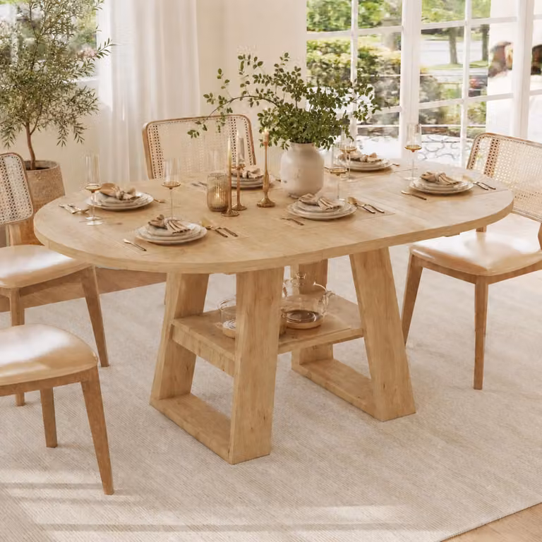 Tavolo da pranzo rotondo okwish con ripiani e piano allungabile, tavolo da cucina estensibile per 4-6 persone, in legno di quercia