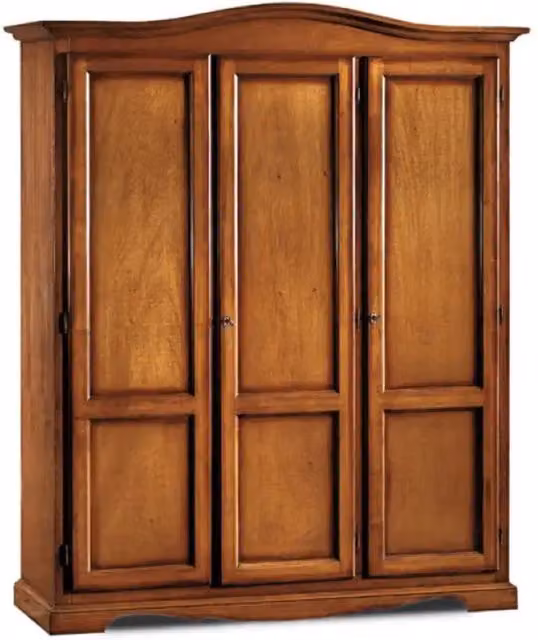 Armadio appendiabiti con bastone 3 ante e 3 ripiani arte povera in legno massello e mdf con rifinitura in noce 158x56x197 H