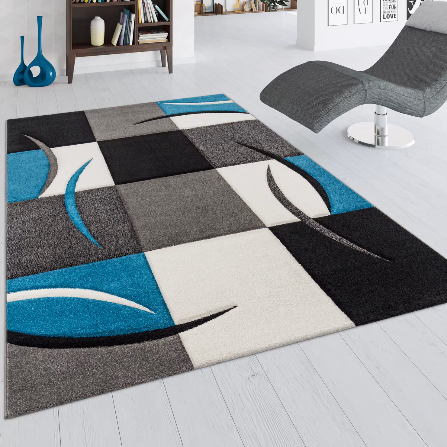 Tappeto moderno Diamora con effetto alto e basso, motivo checkerboard, colori turchese, bianco, nero e grigio, L: 290 cm, P: 200 cm – 3