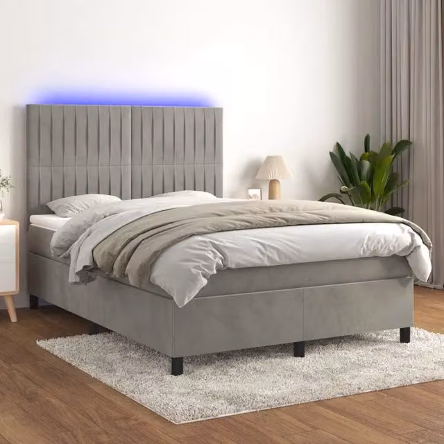 Letto matrimoniale con materasso ibrido e illuminazione LED vidaXL in velluto grigio, L/P/H: 140 x 200 x 128 cm