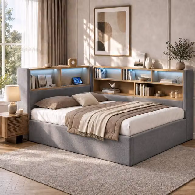Desviae Letto imbottito con vano contenitore idraulico LED porte USB rete a doghe in velluto grigio con vani laterali