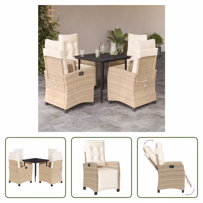 The Living Store Set da pranzo da giardino 5 pezzi con cuscini Beige poly rattan