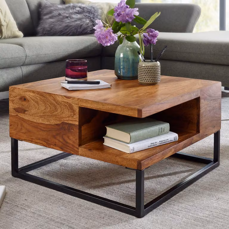FineBuy tavolino 60x60x34,5 cm sheesham legno massiccio / metallo tavolo da divano tavolo quadrato da soggiorno con spazio di archiviazione tavolino da caffè solido piccolo tavolo