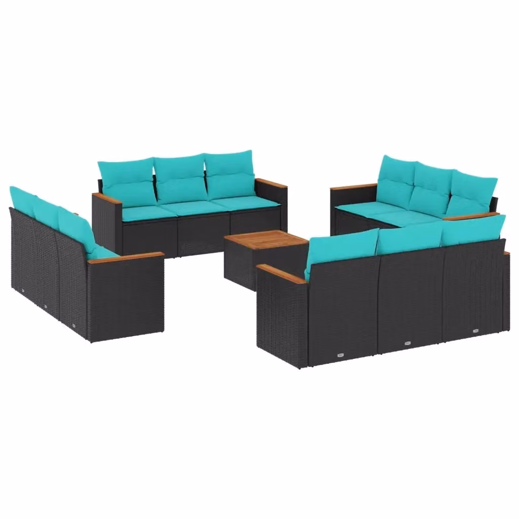 Set di Divani da Giardino a Forma di U vidaXL con Cuscini e Tavolino, Polyrattan e Metallo, Nero e Blu – 2