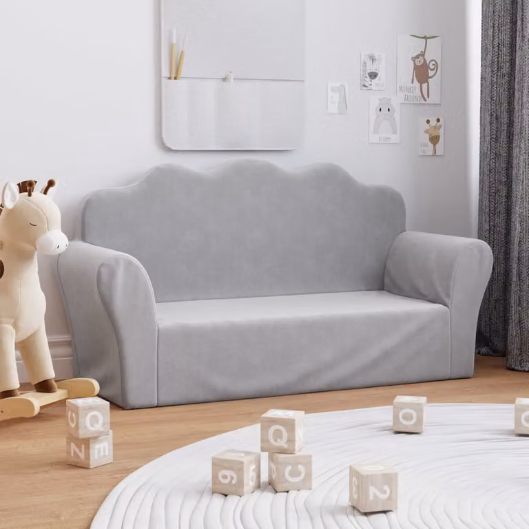 vidaXL Divano per Bambini a 2 Posti Grigio Chiaro in Morbido Peluche L: 94 cm, P: 34 cm, H: 48 cm
