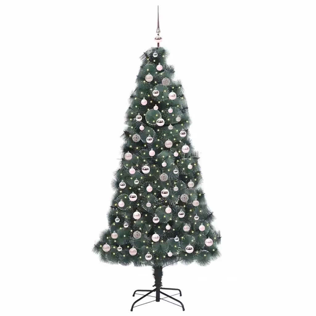 Albero di Natale artificiale preilluminato con LED luce bianca calda e set di palline verde vidaXL – 2