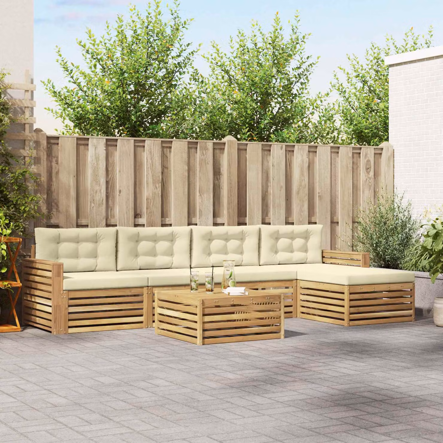 Set di divani da esterno vidaXL a forma di L con tavolino e pouf, in legno di acacia e tessuto bianco, beige e marrone