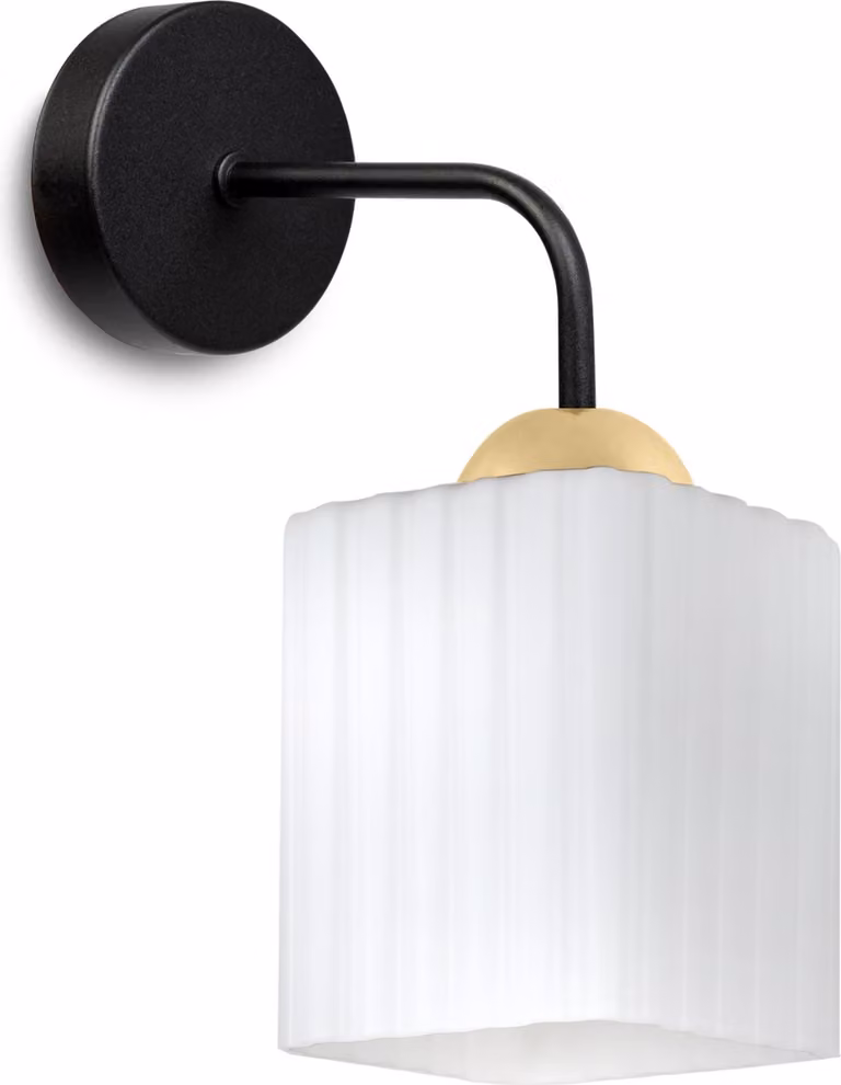 Lampada da parete Riffle nera e dorata a 1 luce con paralume cubico bianco E27: elegante lampada da parete per un'illuminazione moderna