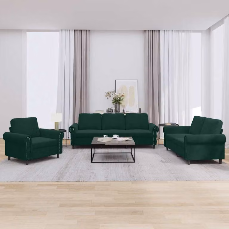 Set di divani 3 pezzi vidaXL in velluto verde con cuscini per soggiorno moderno