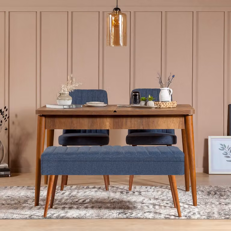 Skye Decor, Vina 1048 - 3 - Noce, Blu scuro, Set composto da tavolo da pranzo allungabile e sedie (4 pezzi), noce, 100% PANNELLI DI PARTICELLE RIVESTITI IN MELAMMINA, 163 x 80 x 75 cm