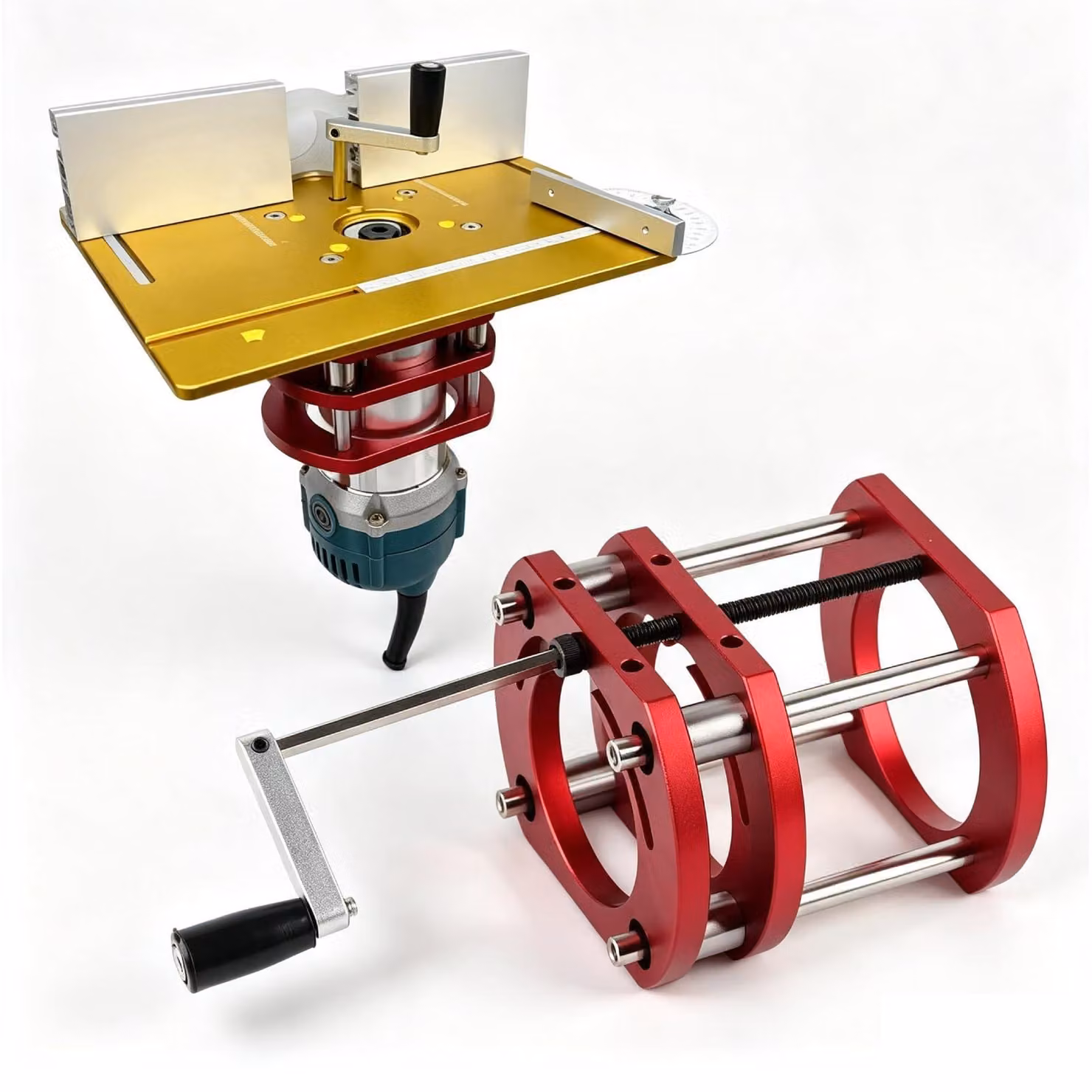 Routerlift con 4 supporti, realizzato in alluminio e acciaio inossidabile, con attacco da 51 mm
