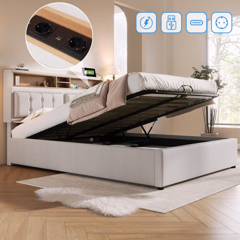 Letto imbottito 140x200 cm con spazio contenitore, porte USB, connettore Type-C e 2 prese di corrente, poggiatesta regolabile in altezza con 4 scomparti, rete a doghe, senza materasso