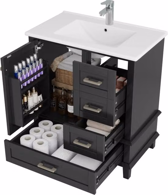 Mobile bagno nero con lavabo in ceramica integrato; 76 cm; design moderno a terra